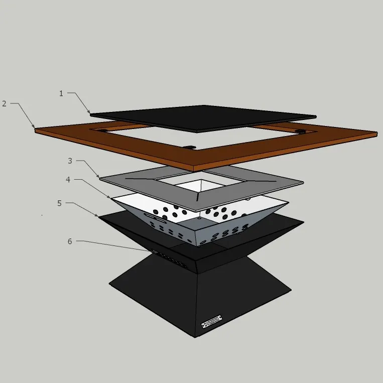 Gratar cu Plita BlowVolt Pyramide conținut pachet complet: plită, vatră inox, grill suport wok, blat lemn pin, blat metalic, scafă cenușă, regulator tiraj