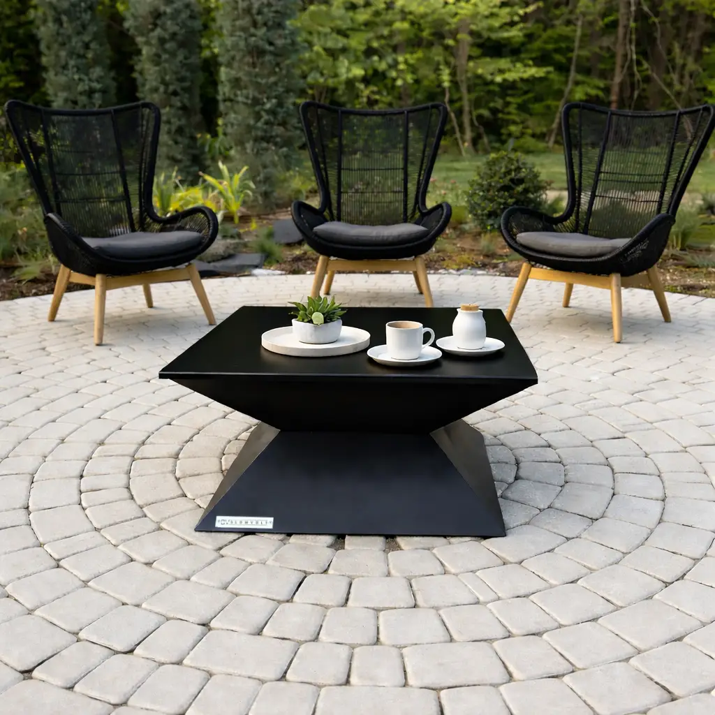 Masă de grădină metalică Blowvolt 2-în-1, fire pit cu blat din oțel negru texturat