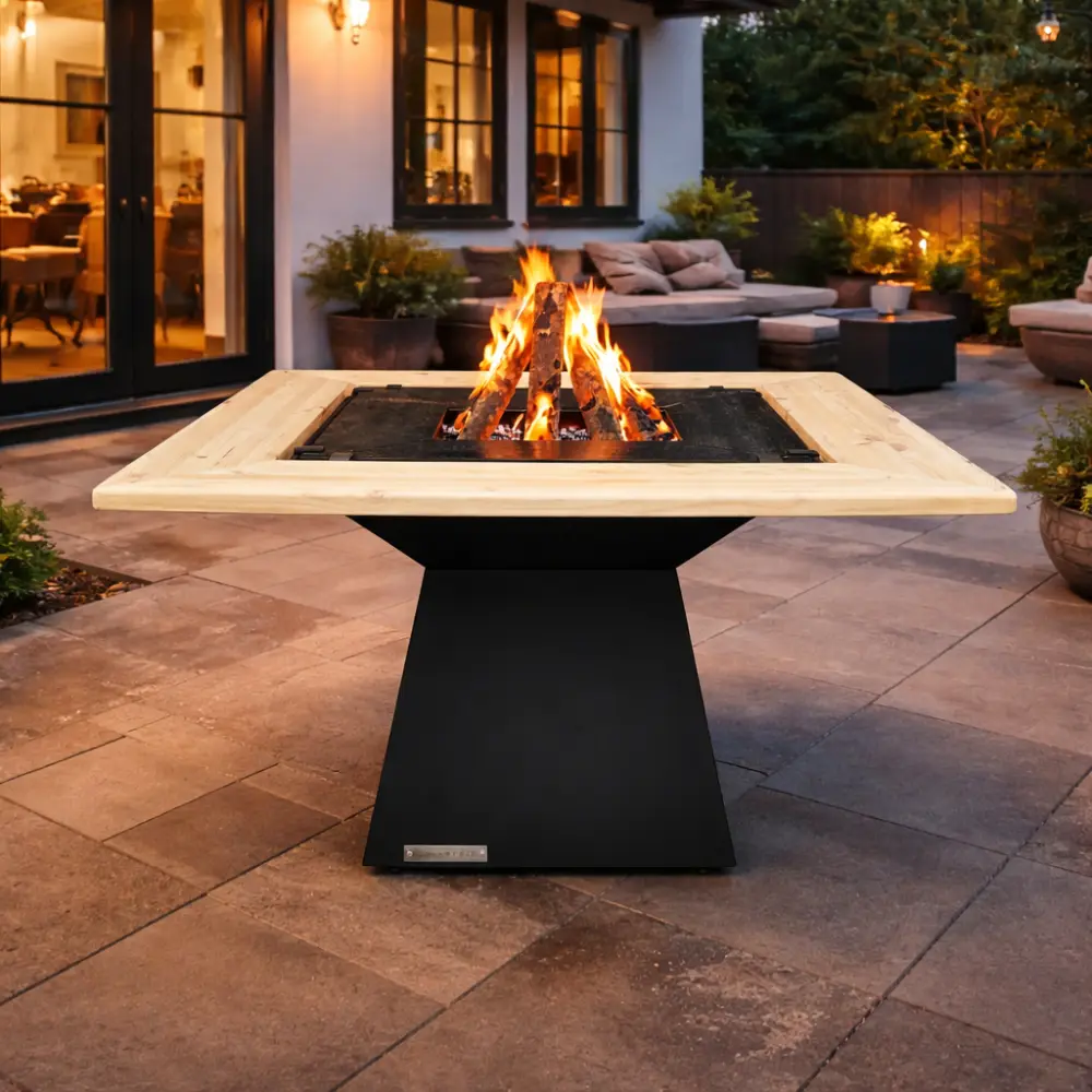 BlowVolt Axis grătar cu plită folosit ca fire pit pe terasă – vatră de foc inox cu tiraj reglabil, seară exterior