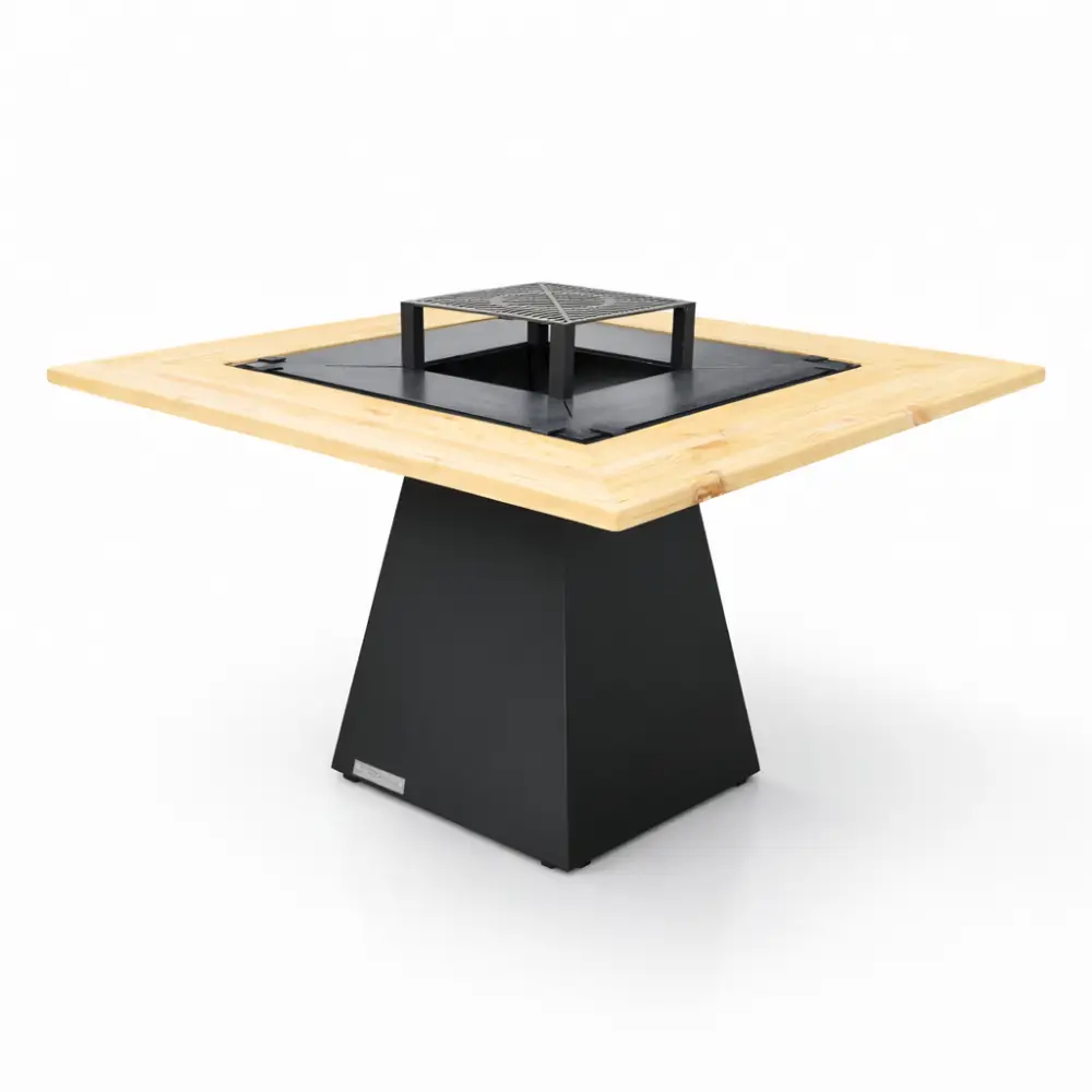 BlowVolt Axis grătar cu plită și masă de grădină 4 în 1 – blat lemn pin 120x120cm, oțel vopsit electrostatic negru