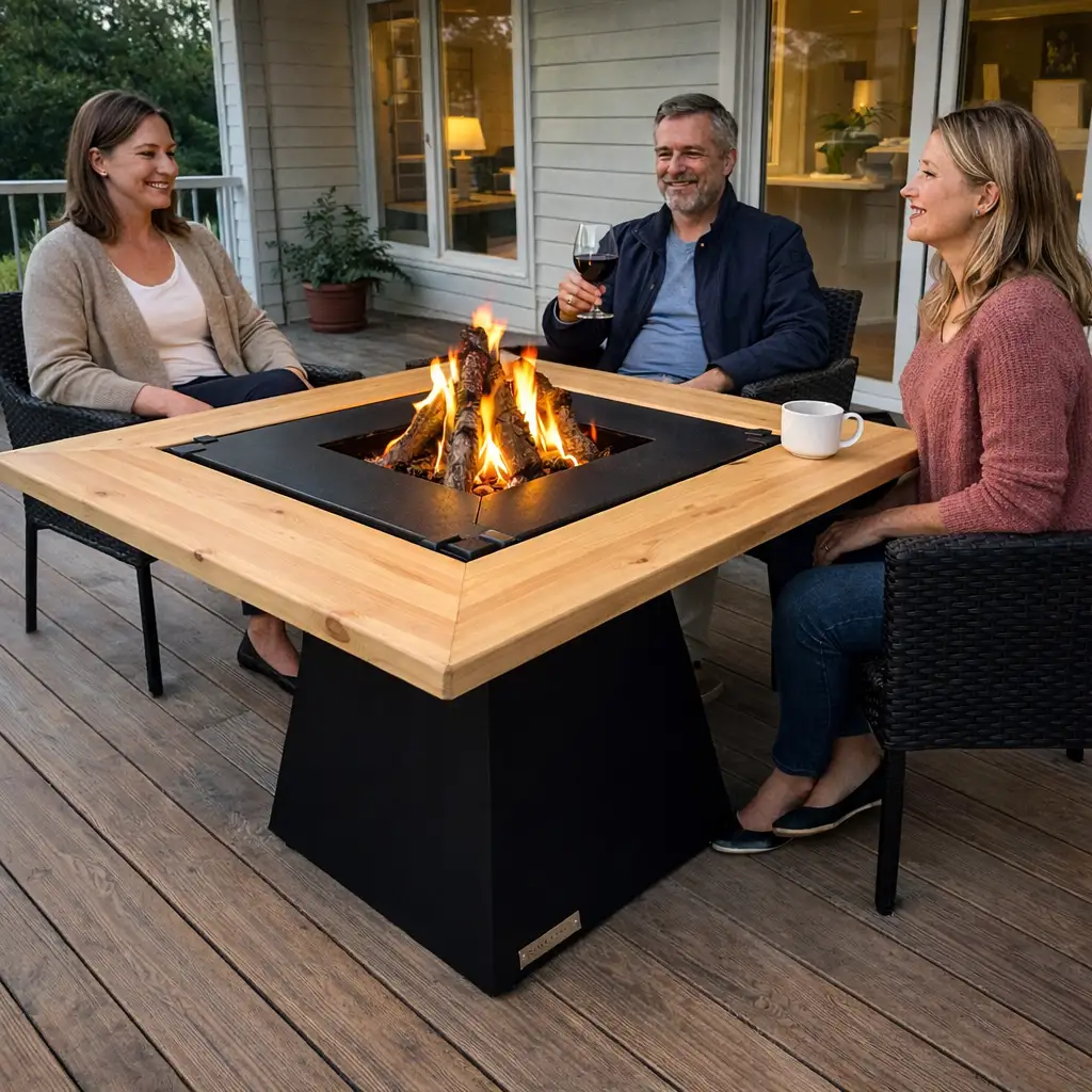 BlowVolt Axis grătar cu plită și fire pit în grădină – familie în jurul vetrei de foc pe terasă, seri exterior