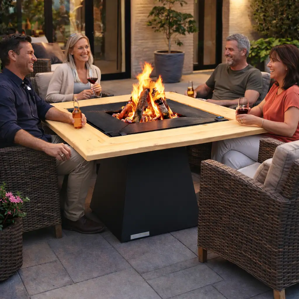 BlowVolt Axis masă fire pit cu vatră de foc – grup de oameni socializând în jurul focului pe terasă exterior