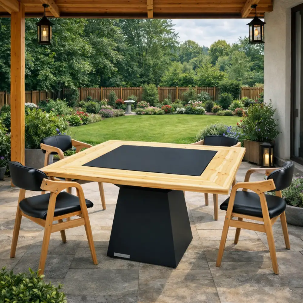 BlowVolt Axis grătar cu plită folosit ca masă de grădină – blat lemn pin 120x120cm, înălțime dining 74cm, 8 persoane
