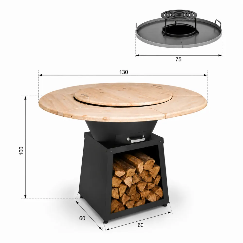 Sphera 750 Clasic: 130 cm diametru cu masă, înălțime 100 cm, plită 75 cm – gratarul cu masă incorporată potrivit pentru orice grădină